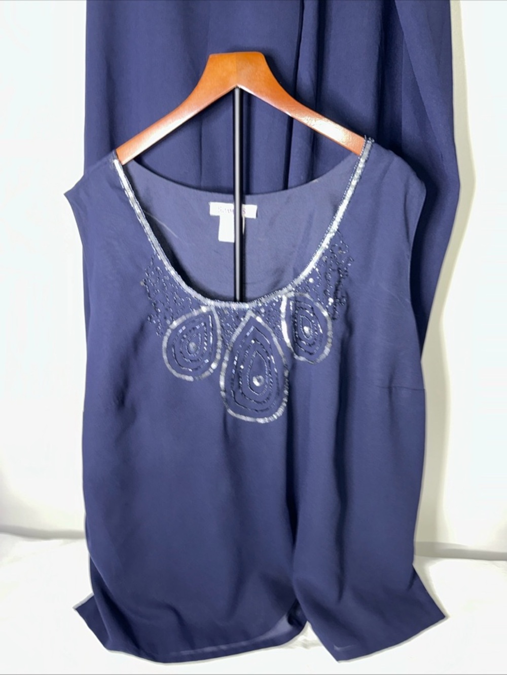 Roaman's 3 Piece Set Navy Beaded Sleeveless Camisole, Pants, Matching Jacket